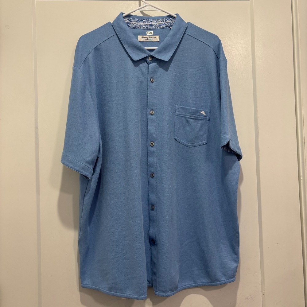 Tommy Bahama IslandZone Mens XXL Blue Short Sleeve Button Down Shirt Pocket Logo